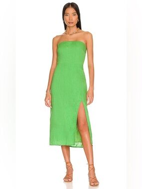 Revolve SNDYS SERENA DRESS Green Linen Blend Strapless Midi Dress XS Side Slit